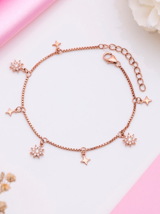 Women Sterling Silver Cubic Zirconia Rose Gold-Plated Charm Bracelet Secondary image