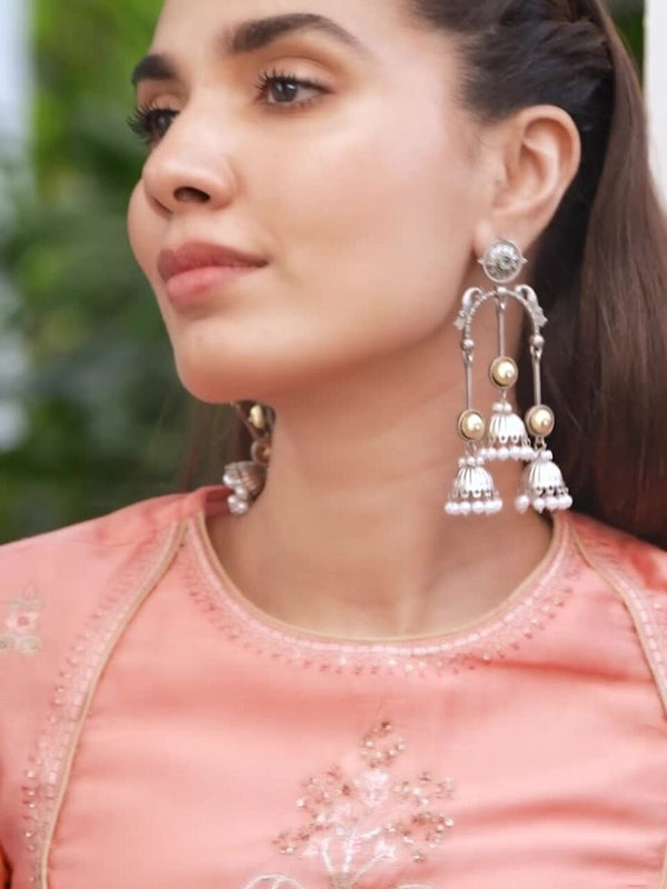 Silver Plated Pearls Beaded Floral Triple Layer Long Oxidised Jhumkas