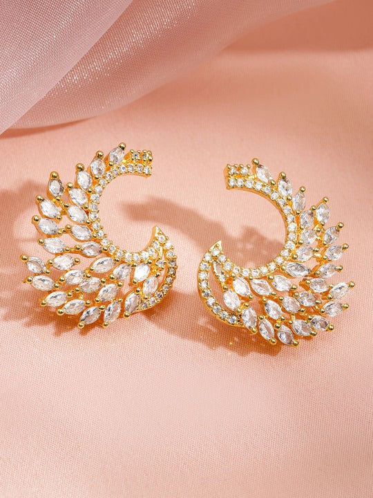 18K Gold-Plated White Cubic Zirconia Feather-Shaped Statement Stud Earrings