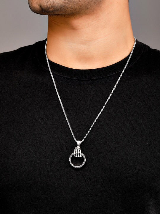 Men Silver-Toned Circular Pendant Necklace