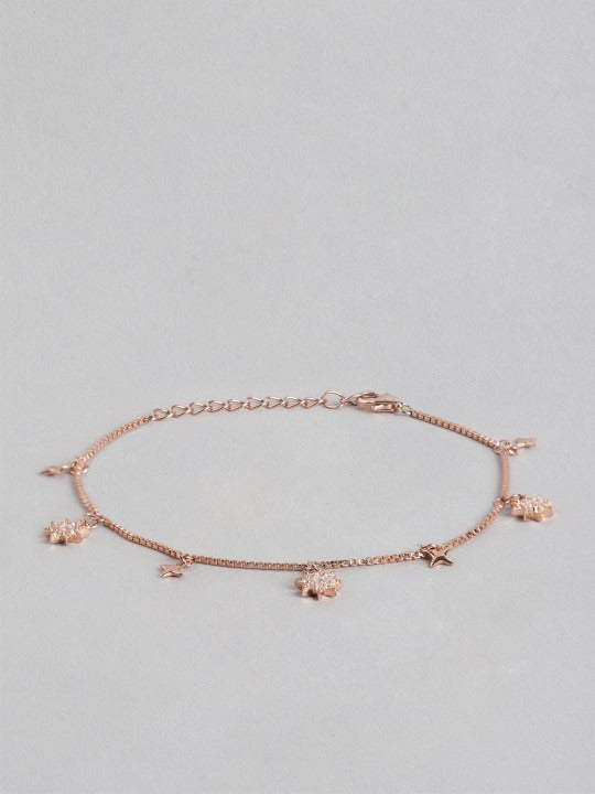 Women Sterling Silver Cubic Zirconia Rose Gold-Plated Charm Bracelet