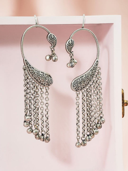 Oxidised Silver-Toned Brass Ear Cuff Earrings with Engraved Motif & Chain Dangles