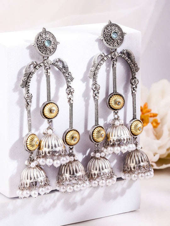 Silver Plated Pearls Beaded Floral Triple Layer Long Oxidised Jhumkas