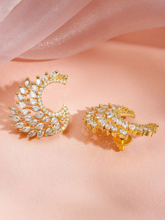 18K Gold-Plated White Cubic Zirconia Feather-Shaped Statement Stud Earrings