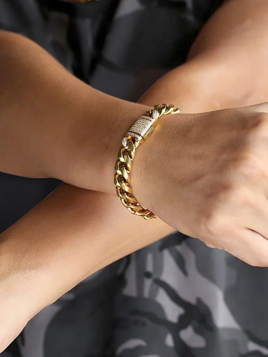 Men Gold-Plated Stainless Steel Stone Studded Openable Link Bracelet