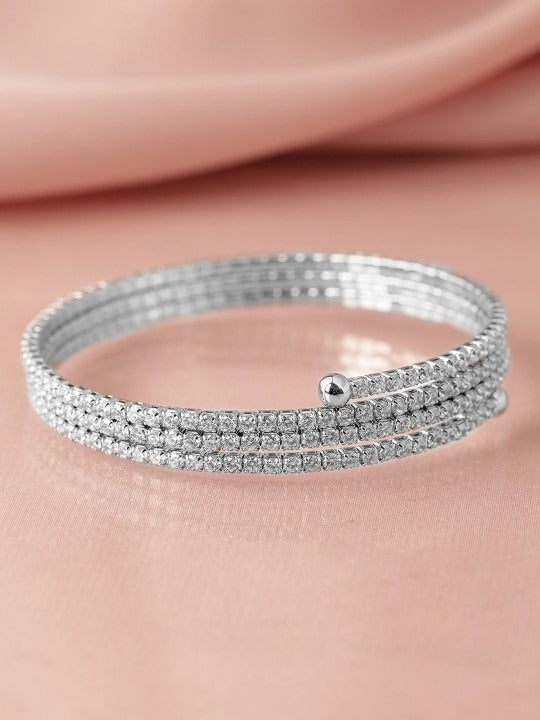 Rhodium-Plated Cubic Zirconia Studded Triple Line Bangle Style Bracelet