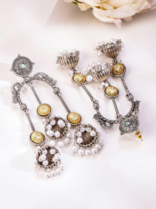 Silver Plated Pearls Beaded Floral Triple Layer Long Oxidised Jhumkas Secondary image