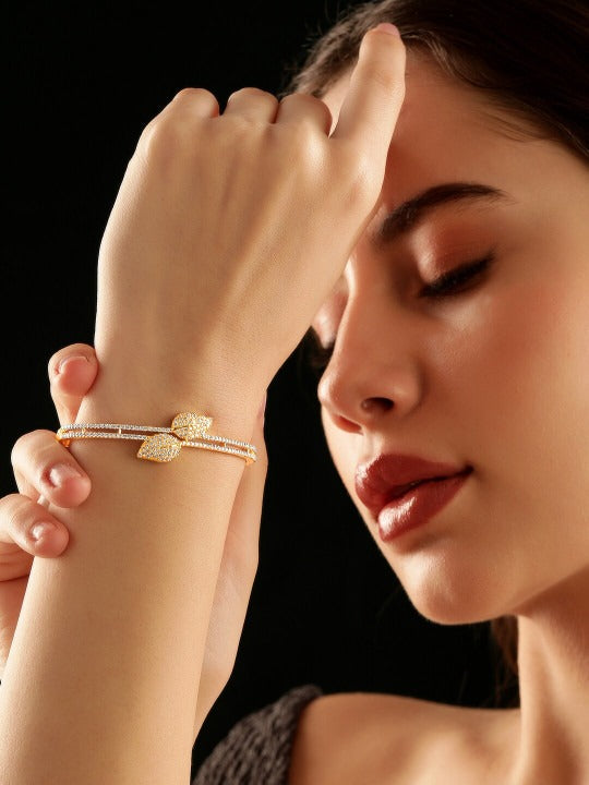 18K Gold-Plated Cubic Zirconia Studded Leaf Motif Double Row Bangle-Style Bracelet