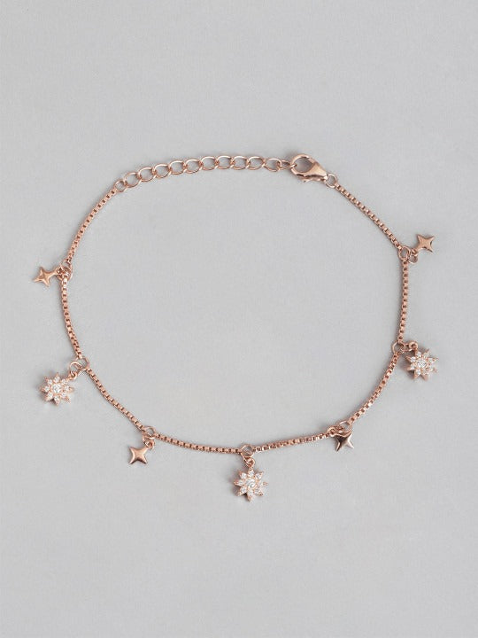 Women Sterling Silver Cubic Zirconia Rose Gold-Plated Charm Bracelet