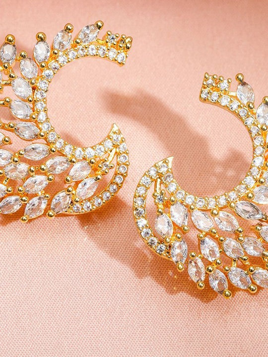 18K Gold-Plated White Cubic Zirconia Feather-Shaped Statement Stud Earrings