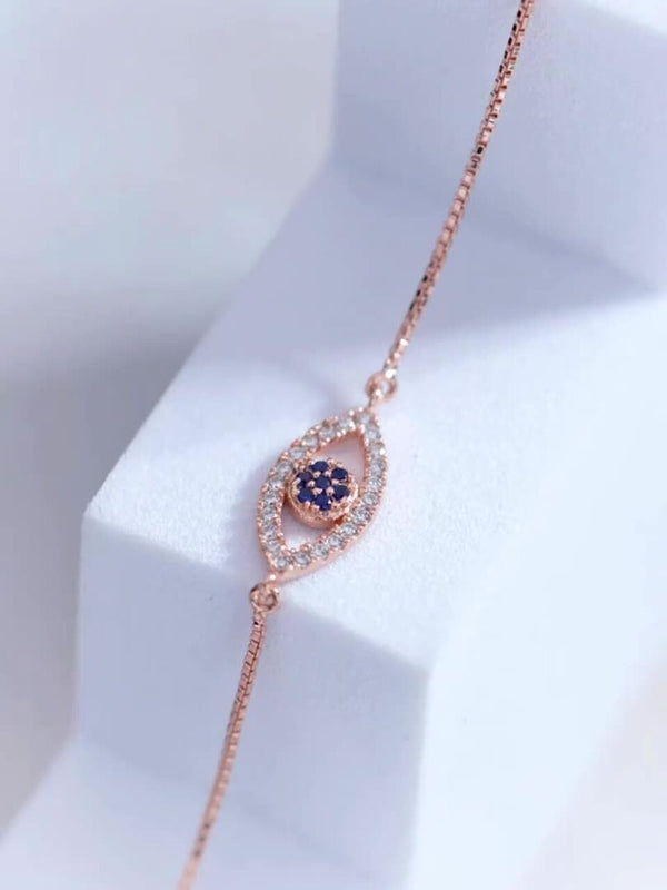 925 Sterling Silver Rose Gold-Plated Cubic Zirconia Evil Eye Charm Bracelet