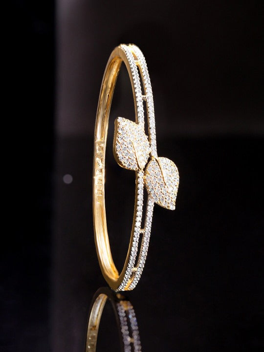 18K Gold-Plated Cubic Zirconia Studded Leaf Motif Double Row Bangle-Style Bracelet