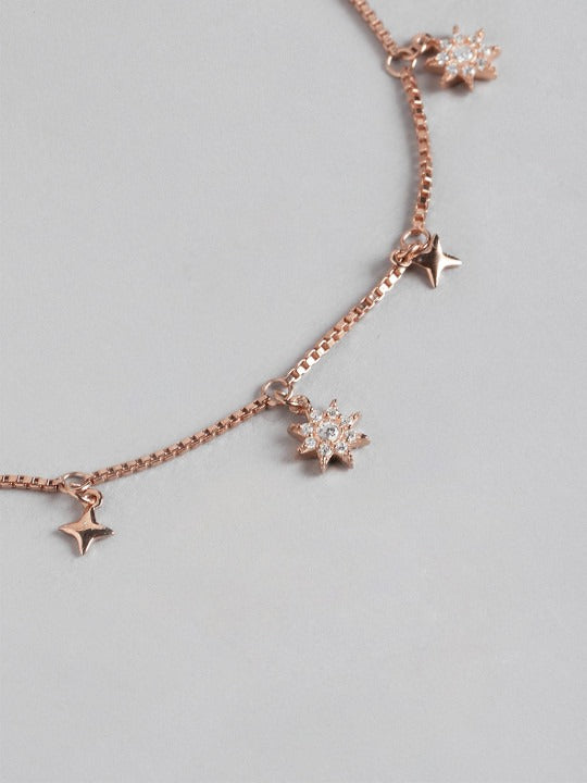 Women Sterling Silver Cubic Zirconia Rose Gold-Plated Charm Bracelet