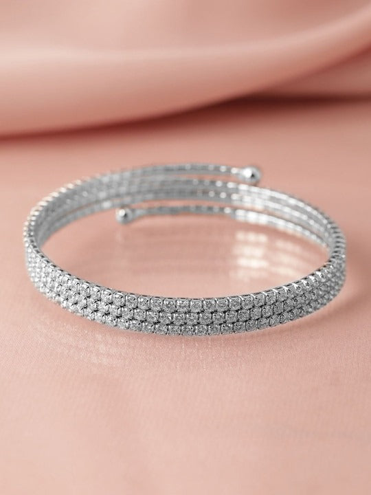 Rhodium-Plated Cubic Zirconia Studded Triple Line Bangle Style Bracelet