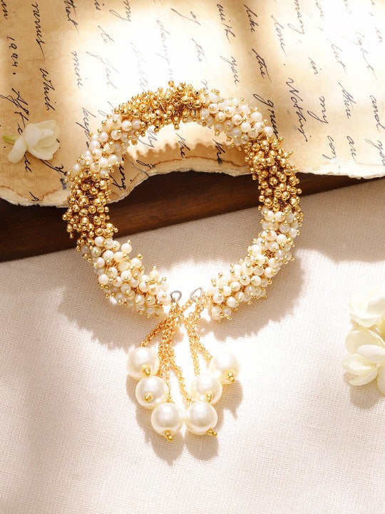 18K Gold Plated Handcrafted White and Gold Pearl Beaded Kada Bracelet Main image