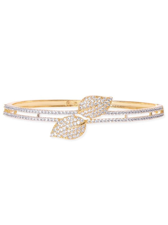18K Gold-Plated Cubic Zirconia Studded Leaf Motif Double Row Bangle-Style Bracelet Secondary image