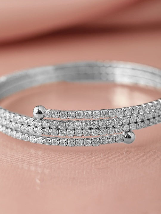 Rhodium-Plated Cubic Zirconia Studded Triple Line Bangle Style Bracelet
