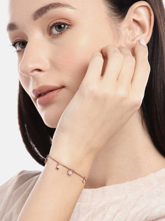 Women Sterling Silver Cubic Zirconia Rose Gold-Plated Charm Bracelet