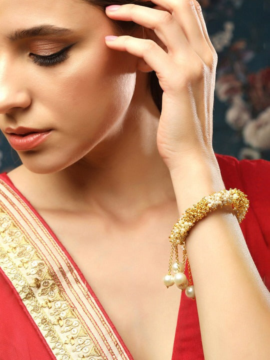 18K Gold Plated Handcrafted White and Gold Pearl Beaded Kada Bracelet Secondary image