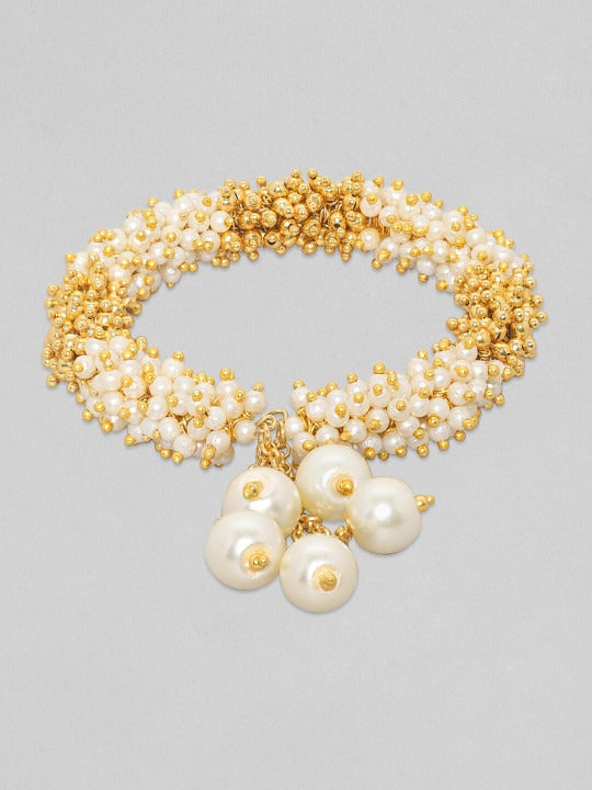 18K Gold Plated Handcrafted White and Gold Pearl Beaded Kada Bracelet