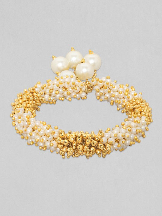 18K Gold Plated Handcrafted White and Gold Pearl Beaded Kada Bracelet