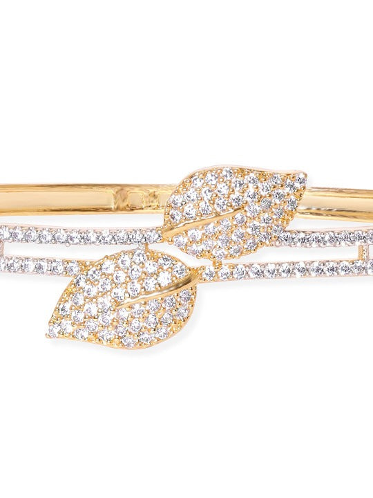 18K Gold-Plated Cubic Zirconia Studded Leaf Motif Double Row Bangle-Style Bracelet