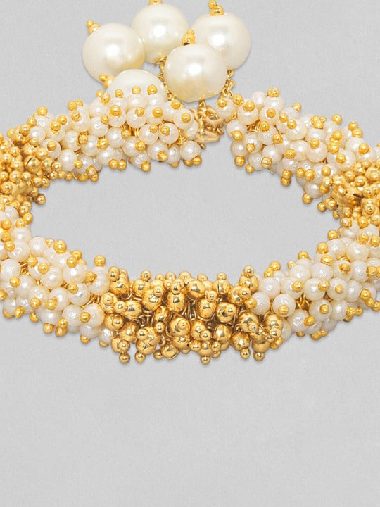 18K Gold Plated Handcrafted White and Gold Pearl Beaded Kada Bracelet