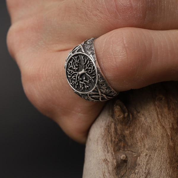 925K Sterling Silver Yggdrasil Ring: Norse Mythology Tree of Life Men & Women Band