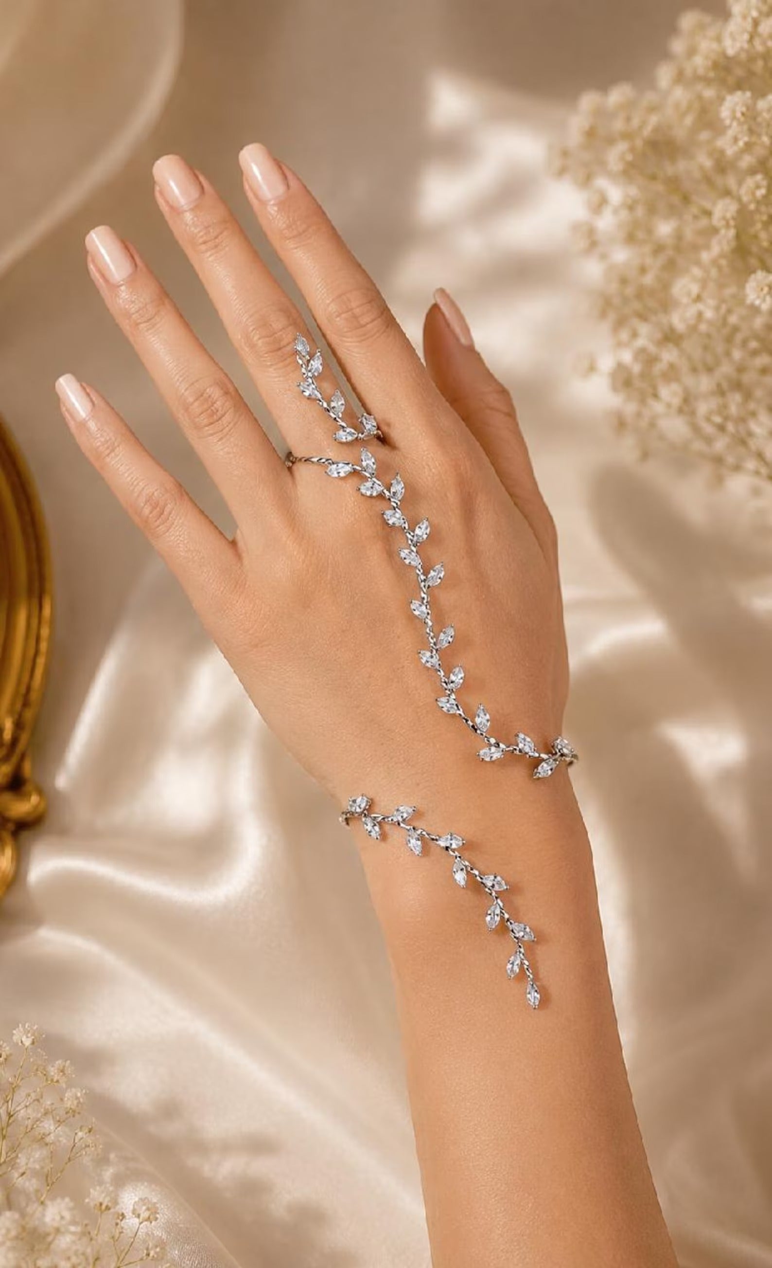 Silver Crystal Leaf Vine Hand Chain Bracelet