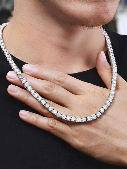 Unisex Silver-Plated Cubic Zirconia Studded Stainless Steel Minimal Chain