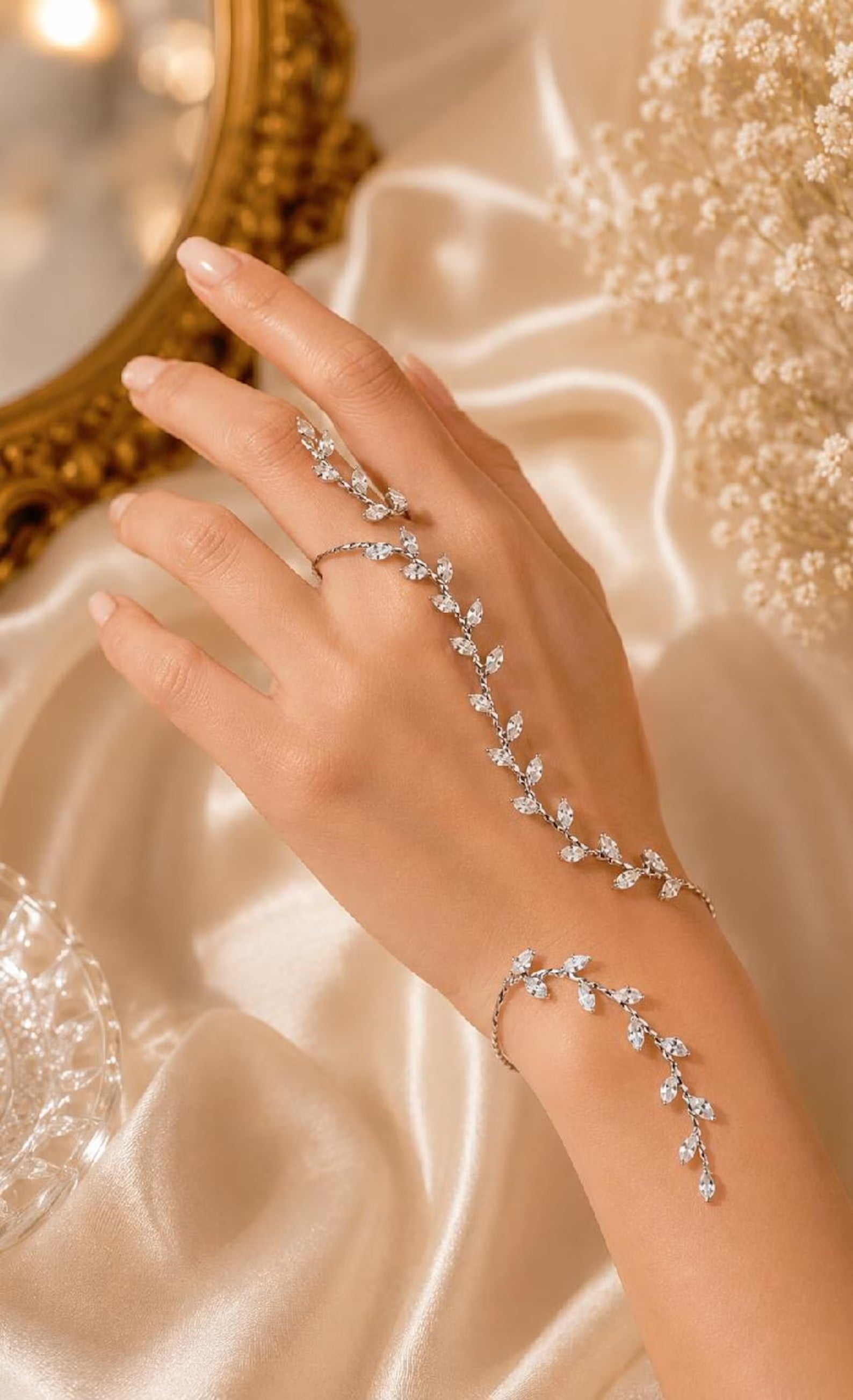 Silver Crystal Leaf Vine Hand Chain Bracelet