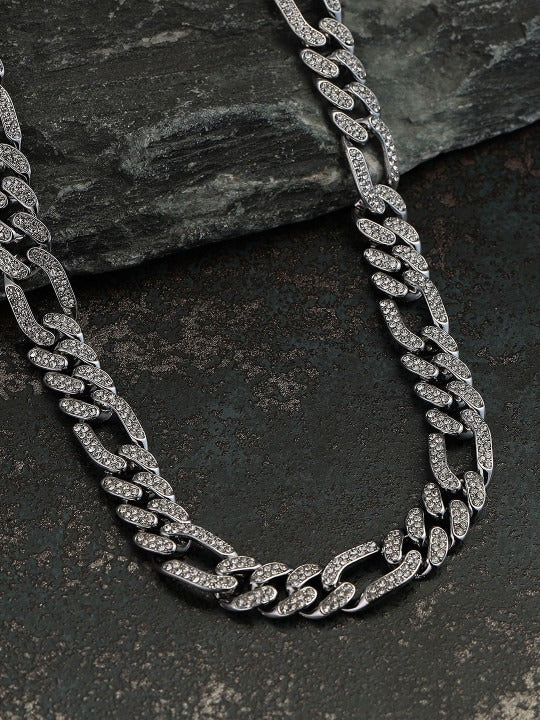 Men Silver-Plated Artificial Stones Studded Statement Chain