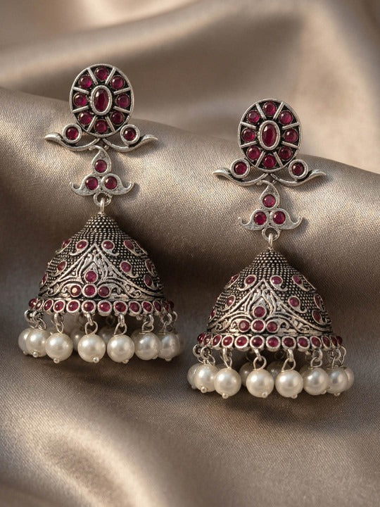 Purple Silver-Plated Stones Studded & Beaded Dome Shaped Oxidised Jhumkas Main image