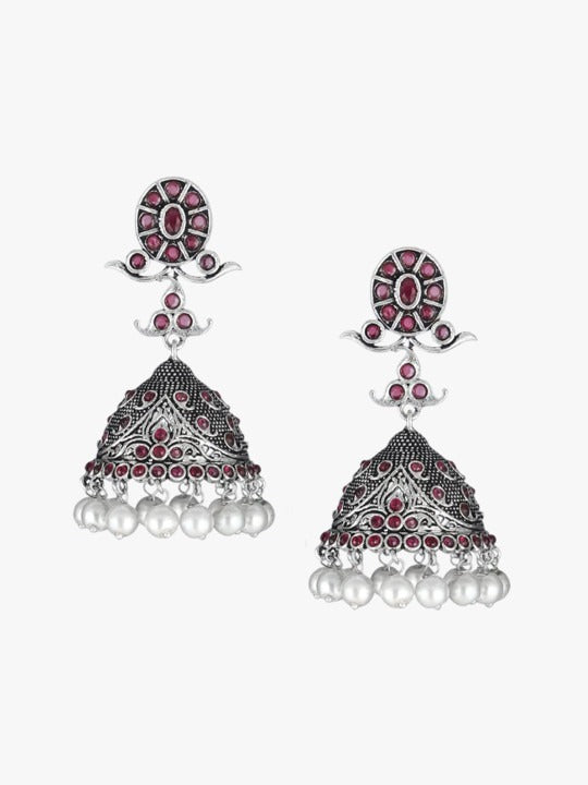 Purple Silver-Plated Stones Studded & Beaded Dome Shaped Oxidised Jhumkas