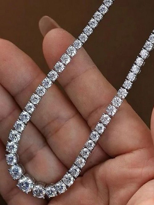 Unisex Silver-Plated Cubic Zirconia Studded Stainless Steel Minimal Chain