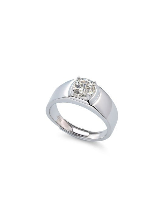 Men 925 Sterling Silver Rhodium-Plated CZ-Studded Adjustable Finger Ring