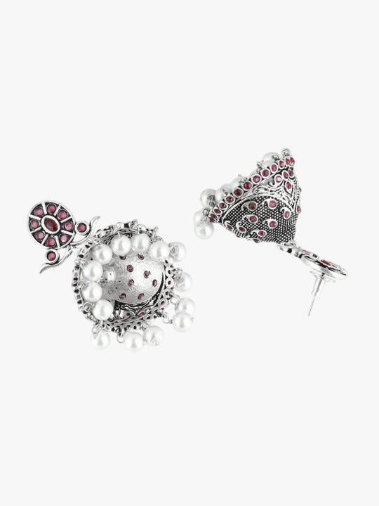 Purple Silver-Plated Stones Studded & Beaded Dome Shaped Oxidised Jhumkas