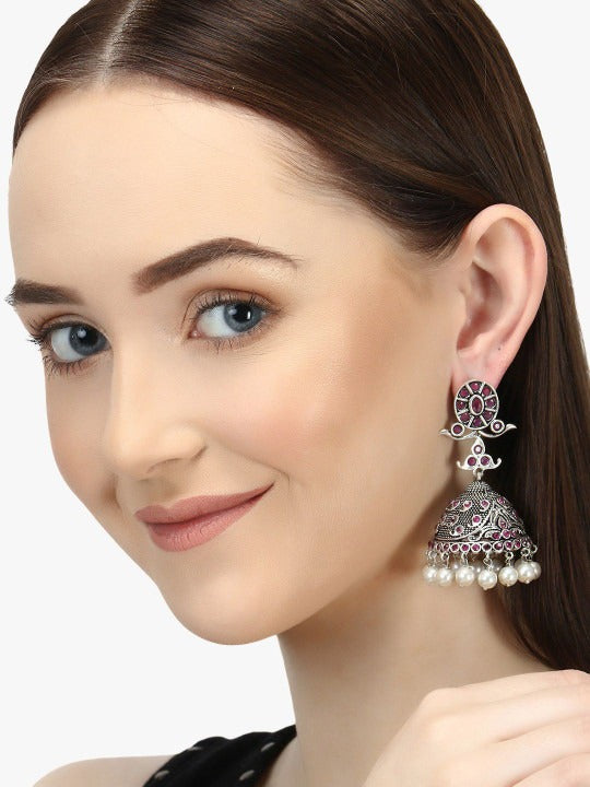 Purple Silver-Plated Stones Studded & Beaded Dome Shaped Oxidised Jhumkas Secondary image