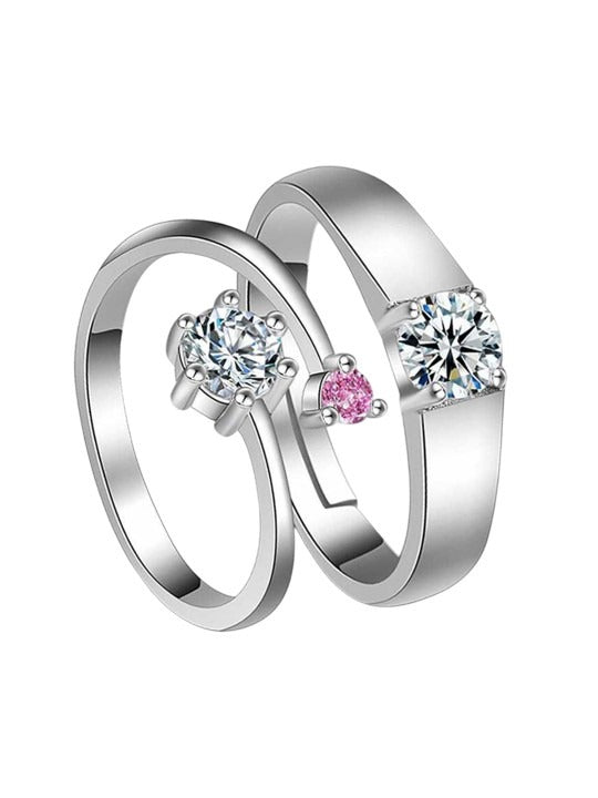 Set Of 2 Silver Plated Cubic Zirconia Studded Adjustable Couple Rings