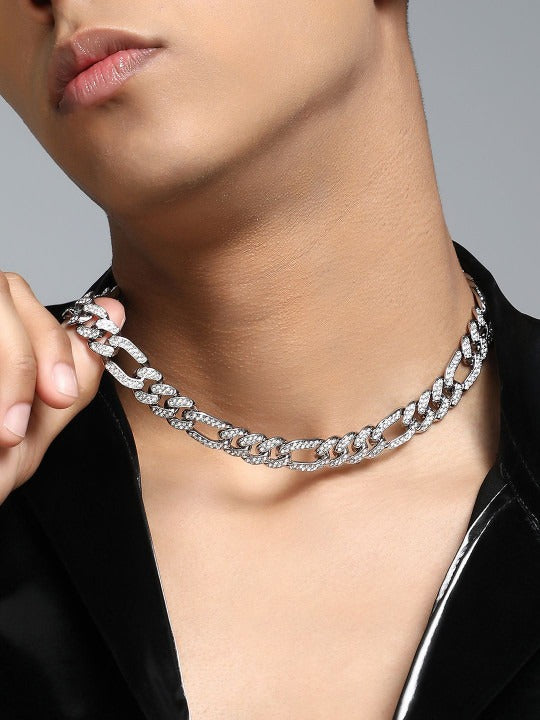 Men Silver-Plated Artificial Stones Studded Statement Chain Main image