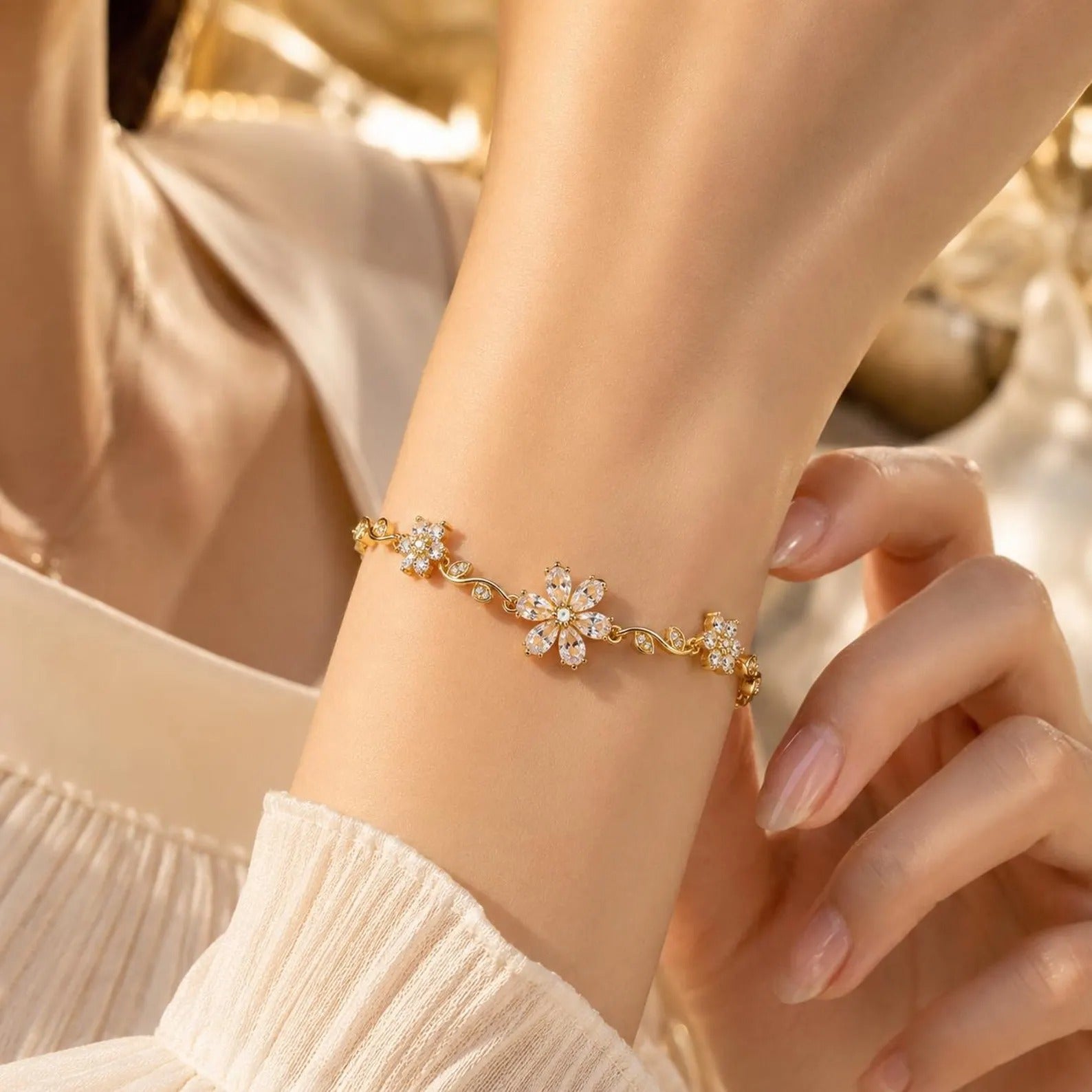 Gold Flower Bracelet with White Crystal Floral Design Secondary image