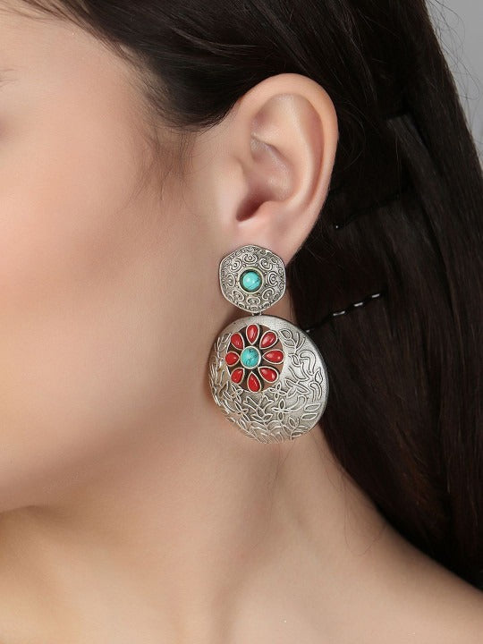 Blue Silver-Plated Turquoise Stones Studded Beaded Oxidised Drop Earrings Main image