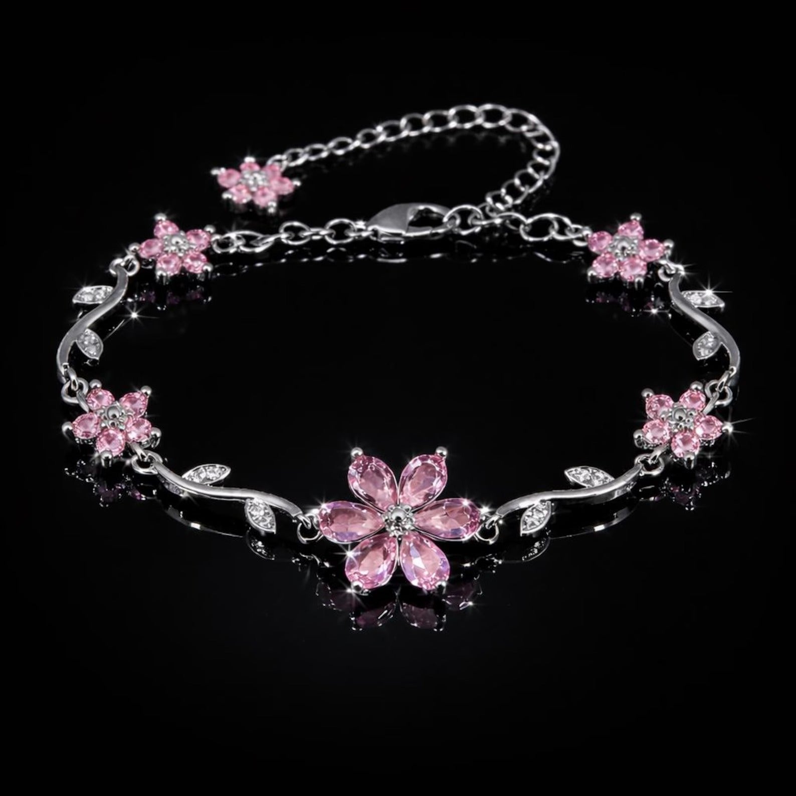 Pink Silver tone Flower Bracelet