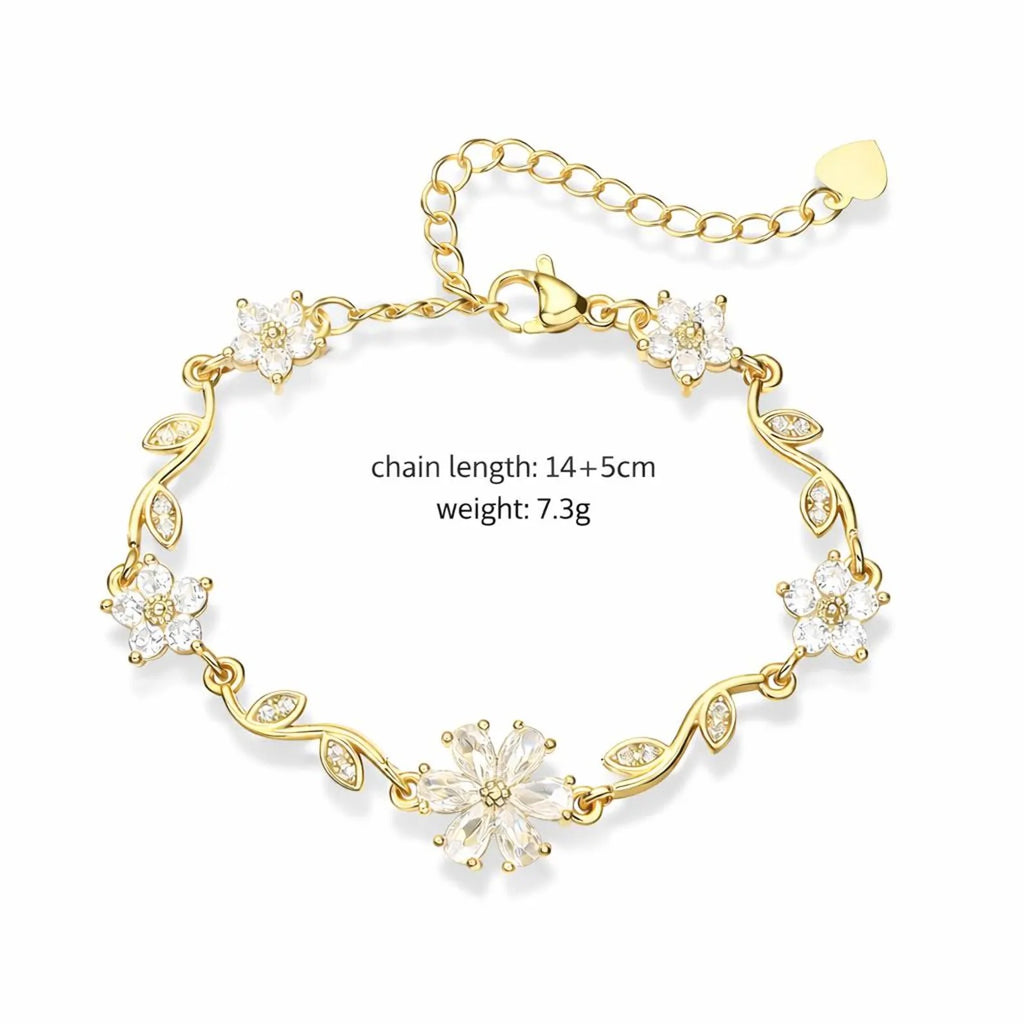 Gold Flower Bracelet with White Crystal Floral Design