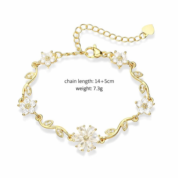 Gold Flower Bracelet with White Crystal Floral Design