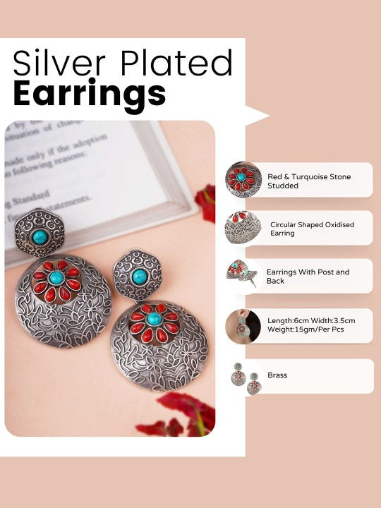 Blue Silver-Plated Turquoise Stones Studded Beaded Oxidised Drop Earrings