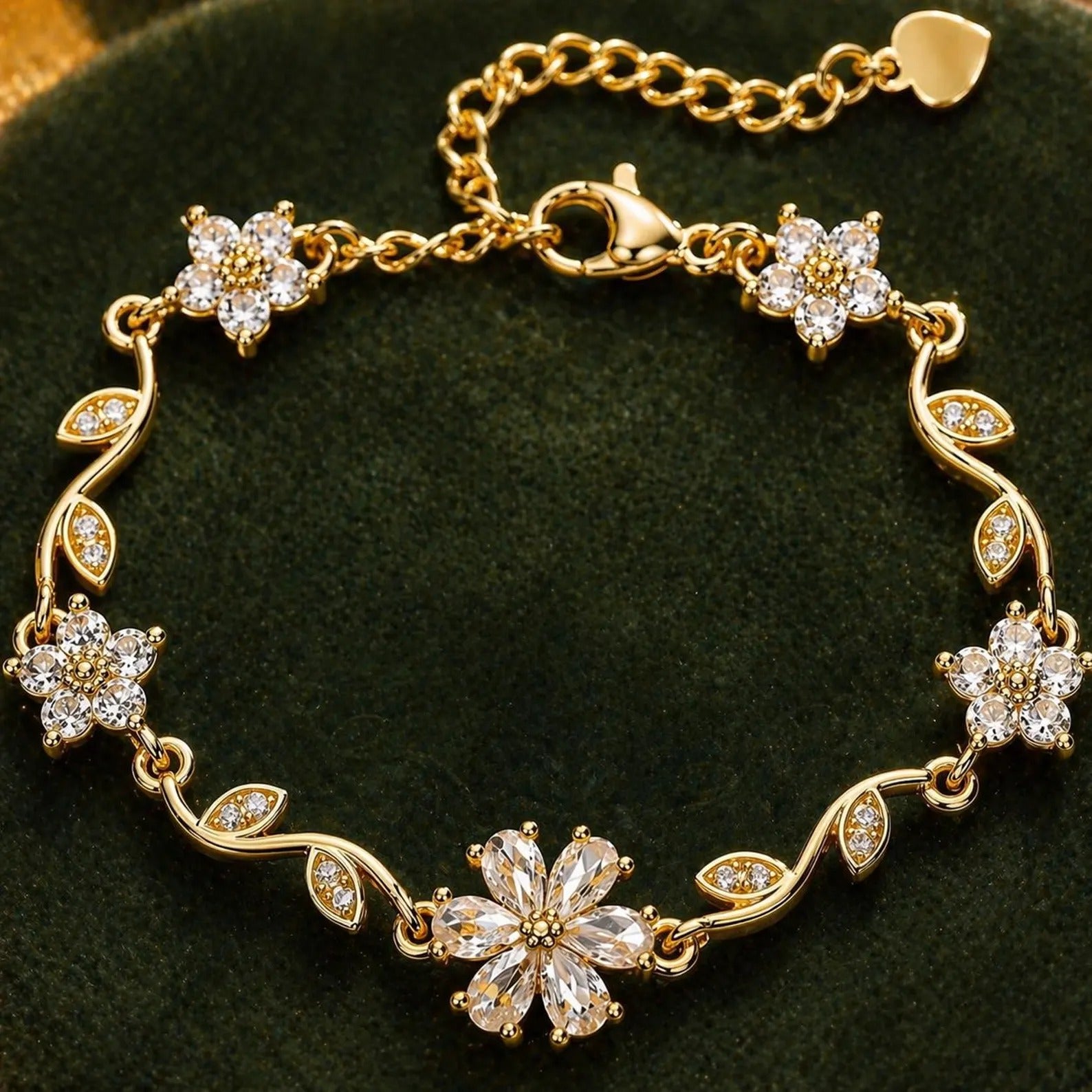 Gold Flower Bracelet with White Crystal Floral Design