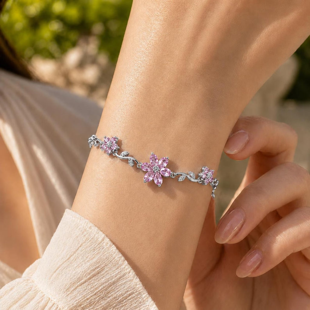 Pink Silver tone Flower Bracelet