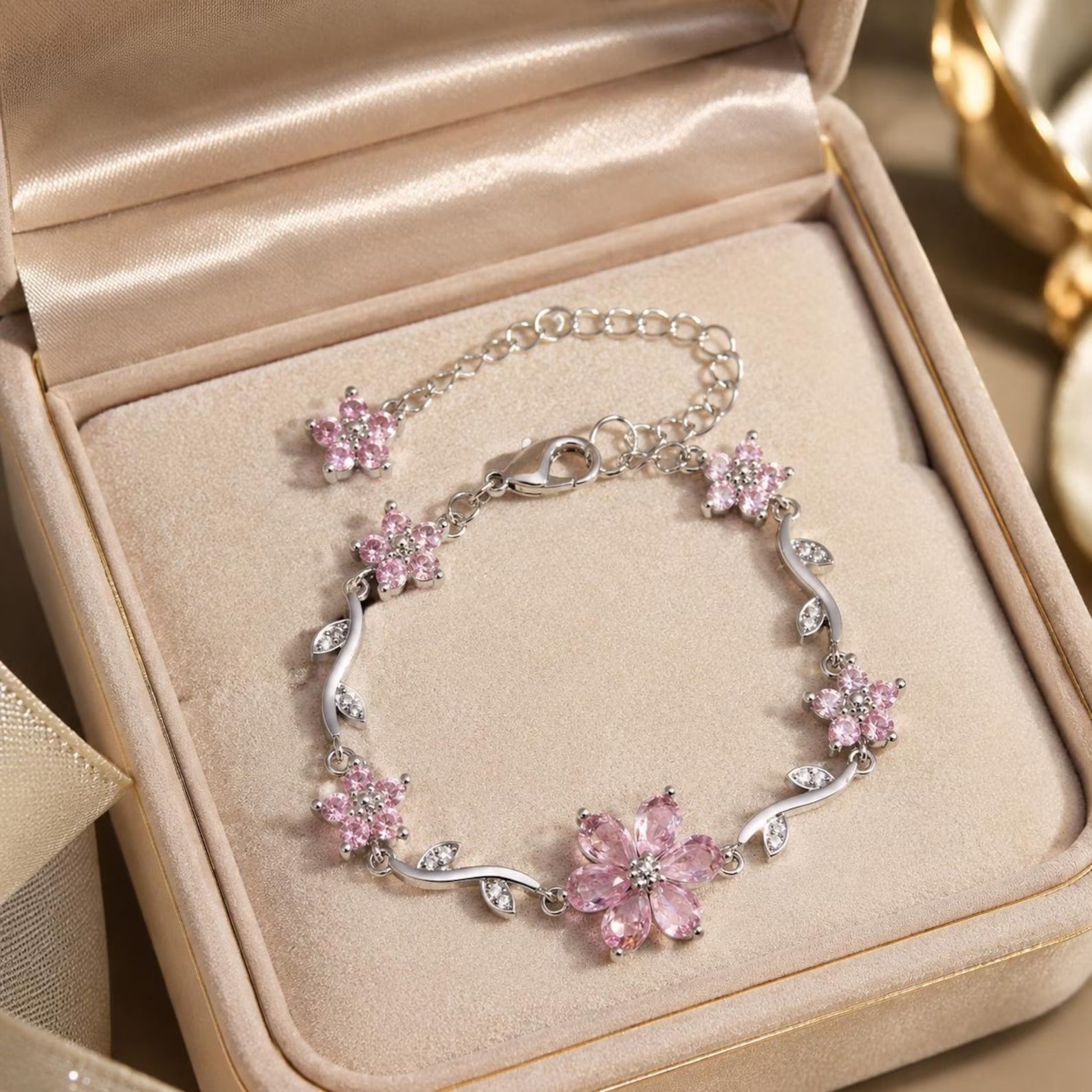 Pink Silver tone Flower Bracelet Main image