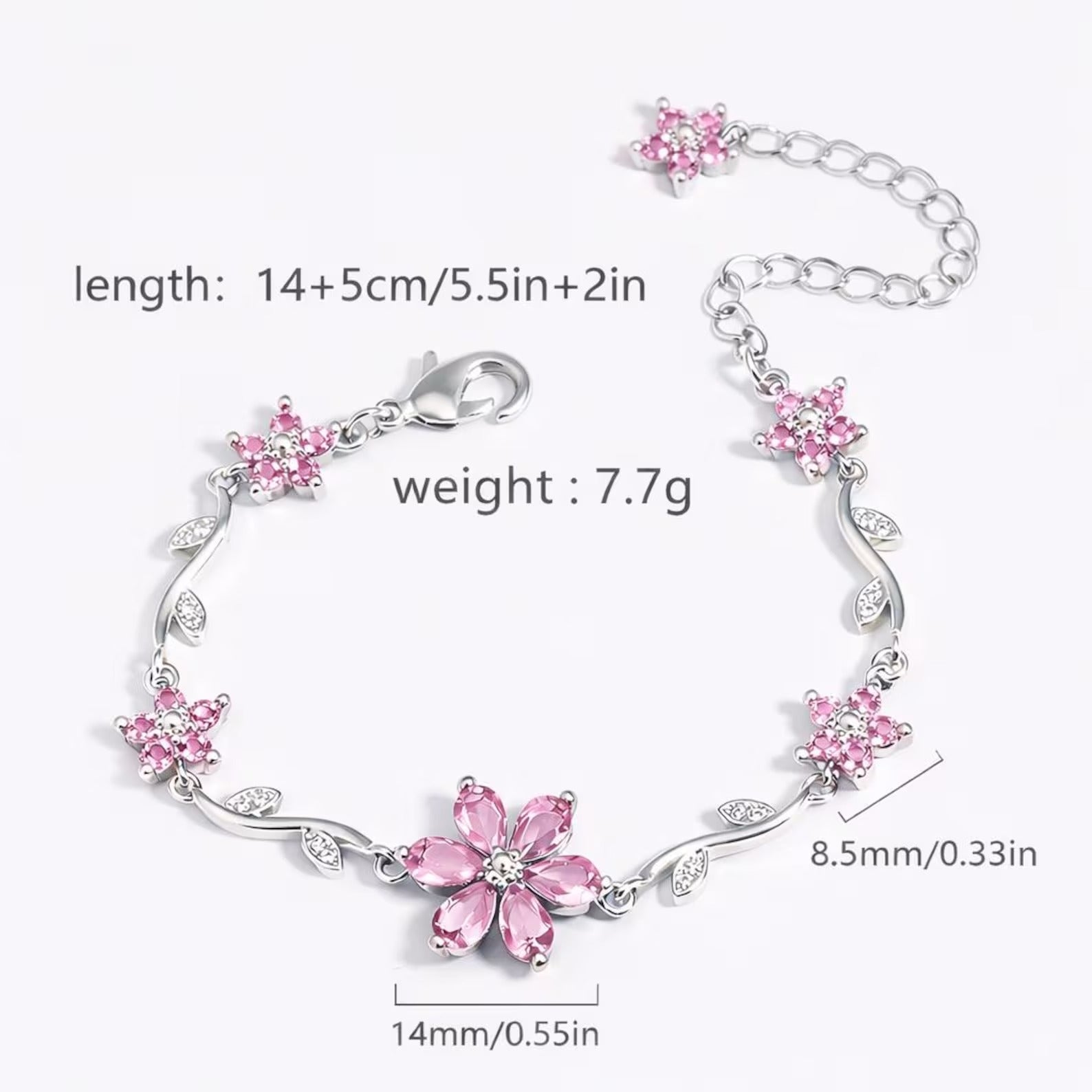 Pink Silver tone Flower Bracelet